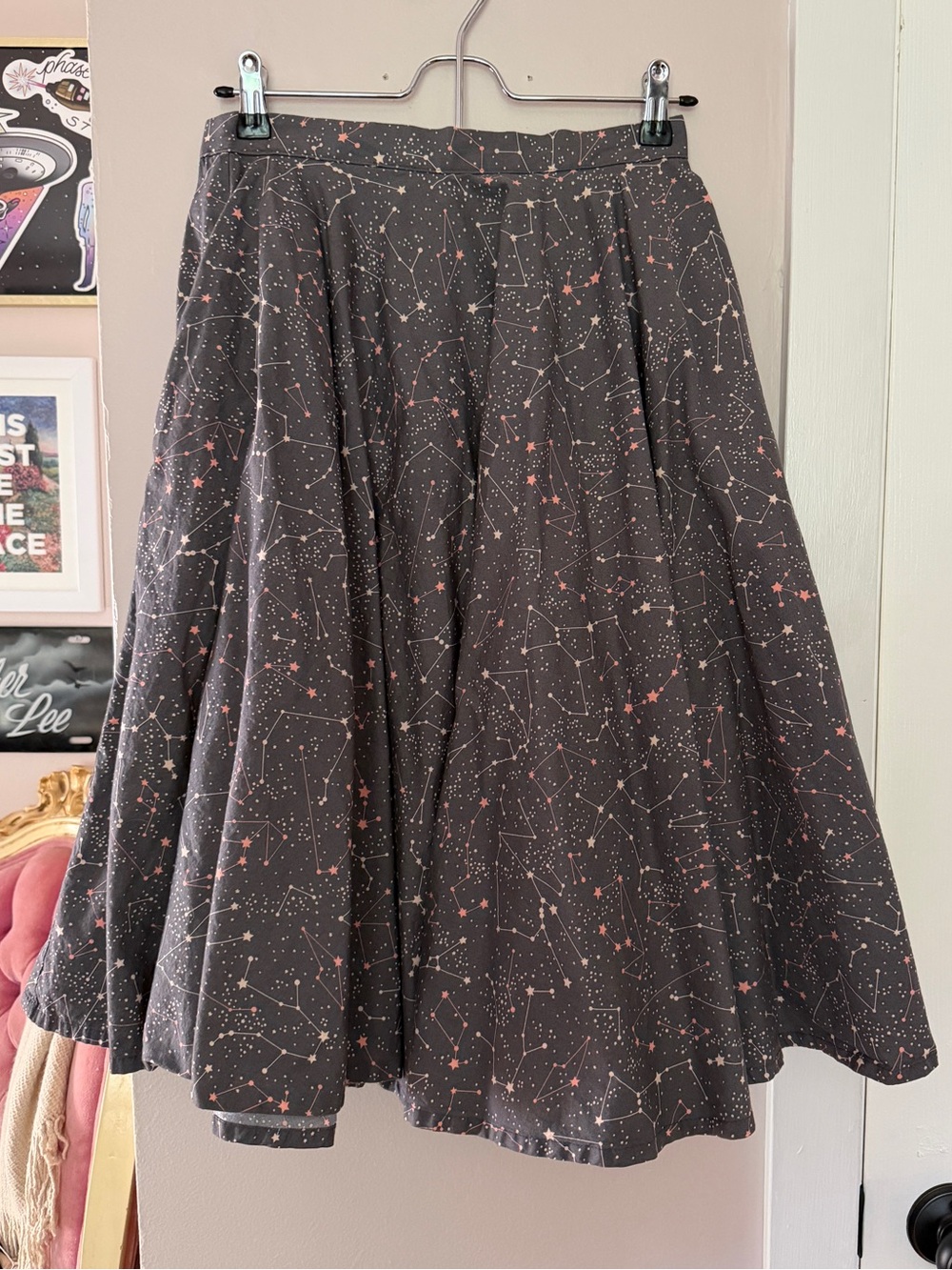 Women’s A-Line Constellation Print Skirt - Gray with Pink Stars - Magnolia Park